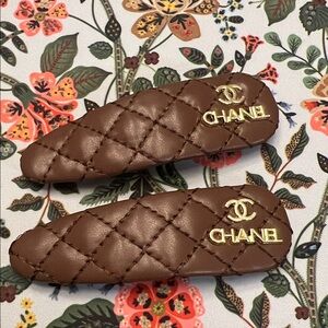 CHANEL Quilted Brown Hair Clips with Gold Accents set of 2